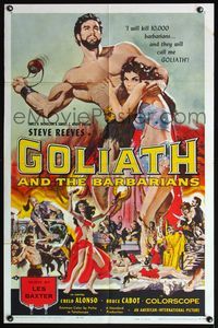 4x351 GOLIATH & THE BARBARIANS 1sh '59 Steve Reeves w/sling & sexy girl, Il Terrore dei barbari!