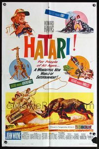 4x386 HATARI 1sh '62 Howard Hawks, great artwork images of John Wayne in Africa!