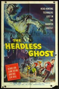 4x391 HEADLESS GHOST 1sh '59 head-hunting teenagers lost in the haunted castle, cool art by Brown!