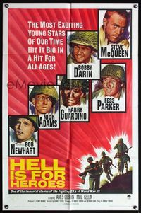 4x398 HELL IS FOR HEROES 1sh '62 Steve McQueen, Bob Newhart, Fess Parker, Bobby Darin!