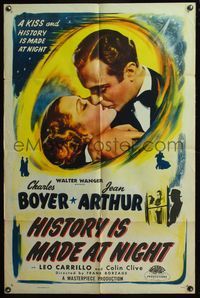 4x419 HISTORY IS MADE AT NIGHT 1sh R48 wonderful kiss close up of Charles Boyer & Jean Arthur!