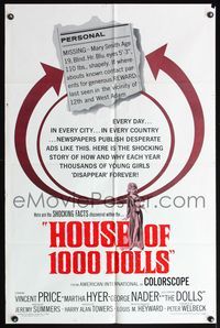 4x444 HOUSE OF 1000 DOLLS 1sh '67 Vincent Price, Martha Hyer, thousands of young girls disappear!