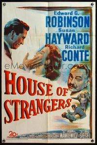 4x447 HOUSE OF STRANGERS 1sh '49 art of Edward G. Robinson + Richard Conte slapping Susan Hayward!