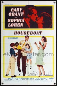 4x452 HOUSEBOAT 1sh '58 romantic close up of Cary Grant & Sophia Loren + with three kids!