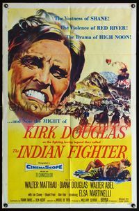 4x476 INDIAN FIGHTER 1sh '55 super close up art of Kirk Douglas + him romancing Elsa Martinelli!