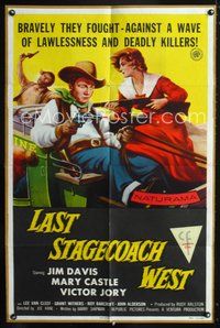4x549 LAST STAGECOACH WEST 1sh '57 art of Jim Davis & Mary Castle w/guns on runaway stagecoach!
