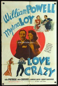 4x575 LOVE CRAZY style D 1sh '41 great art of William Powell & Myrna Loy in wacky situations!