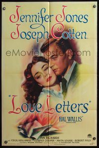4x576 LOVE LETTERS 1sh '45 romantic c/u art of Joseph Cotten & Jennifer Jones, by Ayn Rand!