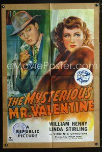 4x694 MYSTERIOUS MR. VALENTINE paperbacked 1sh '46 William Henry & sexy Linda Sterling in fur!