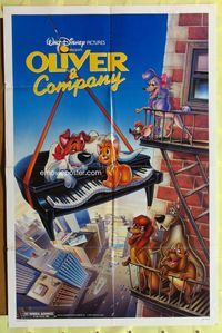 4x722 OLIVER & COMPANY 1sh '88 great image of Walt Disney cats & dogs in New York City!