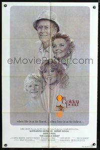 4x725 ON GOLDEN POND 1sh '81 art of Katharine Hepburn, Henry Fonda, and Jane Fonda by C.D. de Mar!