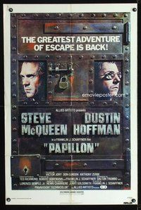 4x736 PAPILLON 1sh R77 art of Steve McQueen & Dustin Hoffman in prison door!