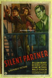 4x832 SILENT PARTNER 1sh '44 art of William Henry with gun & Beverly Lloyd on fire escape!