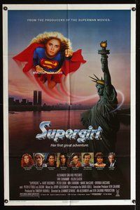 4x887 SUPERGIRL 1sh '84 super Helen Slater in costume flying over Statue of Liberty!