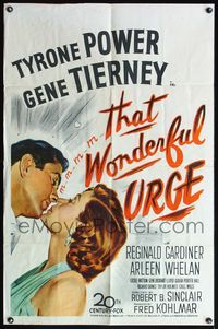 4x909 THAT WONDERFUL URGE 1sh '49 artwork of Tyrone Power about to kiss sexy Gene Tierney!