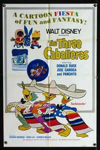 4x921 THREE CABALLEROS 1sh R77 great artwork of Donald Duck, Panchito & Joe Carioca!