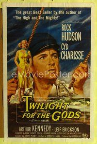 4x953 TWILIGHT FOR THE GODS 1sh '58 great art of Rock Hudson & sexy Cyd Charisse on beach!