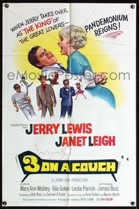 4y013 3 ON A COUCH 1sh '66 great image of screwy Jerry Lewis squeezing sexy Janet Leigh!