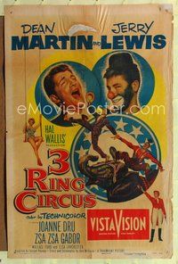 4y015 3 RING CIRCUS 1sh '54 close-up of Dean Martin & clown Jerry Lewis, Joanne Dru, Zsa Zsa Gabor!