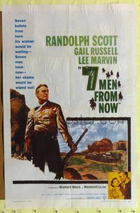 4y021 7 MEN FROM NOW 1sh '56 Budd Boetticher, great full-length art of Randolph Scott with rifle!