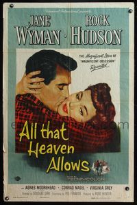 4y033 ALL THAT HEAVEN ALLOWS 1sh '55 close up romantic art of Rock Hudson & Jane Wyman!