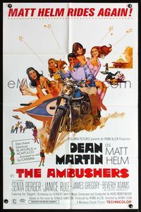 4y036 AMBUSHERS 1sh '67 art of Dean Martin as Matt Helm with sexy Slaygirls on motorcycle!