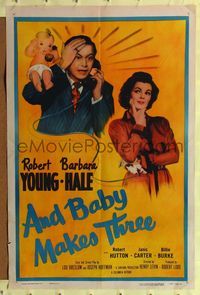 4y040 AND BABY MAKES THREE 1sh R56 Robert Young, Barbara Hale, wacky art of baby on the phone!