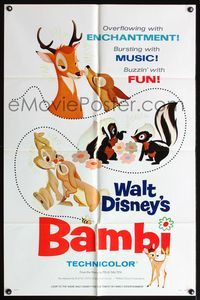 4y056 BAMBI style A 1sh R66 Walt Disney cartoon deer classic, great art of forest animals!