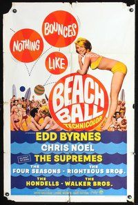 4y063 BEACH BALL 1sh '65 Edd Byrnes, Chris Noel, The Supremes, sexy girl in bikini art!