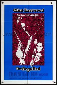 4y067 BEGUILED 1sh '71 cool psychedelic art of Clint Eastwood & Geraldine Page, Don Siegel