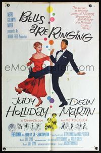 4y069 BELLS ARE RINGING 1sh '60 full-length image of Judy Holliday & Dean Martin singing & dancing!