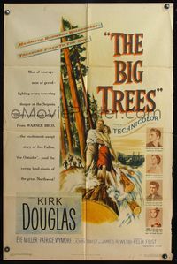 4y083 BIG TREES 1sh '52 Kirk Douglas protects redwoods & pretty Eve Miller, wild artwork!