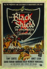 4y094 BLACK SHIELD OF FALWORTH 1sh '54 art of Tony Curtis & Janet Leigh, knighthood's epic age!