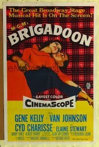4y125 BRIGADOON 1sh '54 great close up romantic art of Gene Kelly & Cyd Charisse, Broadway hit!