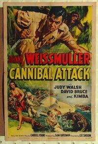 4y138 CANNIBAL ATTACK 1sh '54 cool art of Johnny Weissmuller w/knife, fighting alligators!