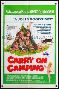 4y145 CARRY ON CAMPING 1sh '71 Sidney James, English nudist sex, wacky camping artwork!