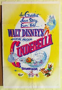 4y166 CINDERELLA 1sh R57 Walt Disney classic cartoon, the greatest love story ever told!