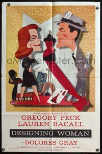 4y205 DESIGNING WOMAN style B 1sh '57 best art of Gregory Peck & Lauren Bacall by Jacques Kapralik!