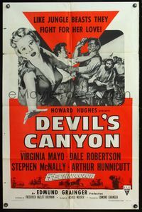 4y212 DEVIL'S CANYON 1sh R57 art of sexy Virginia Mayo, like jungle beasts they fight for her love!