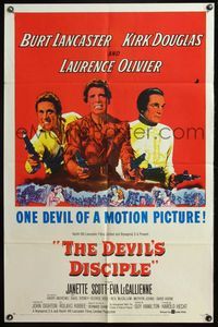 4y214 DEVIL'S DISCIPLE 1sh '59 Burt Lancaster, Kirk Douglas & Laurence Olivier all with guns!