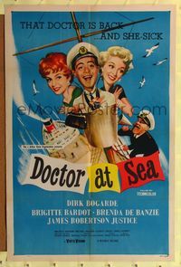 4y222 DOCTOR AT SEA 1sh '56 wacky art of sailor Dirk Bogarde & sexy Brigitte Bardot!
