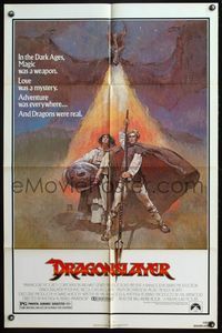 4y239 DRAGONSLAYER 1sh '81 cool Jeff Jones fantasy artwork of Peter MacNicol w/spear, dragon!