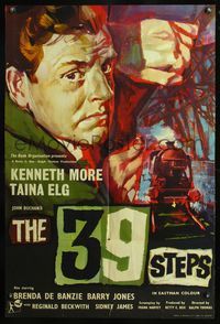 4y017 39 STEPS English 1sh '59 Kenneth More, Taina Elg, English crime thriller, cool art!