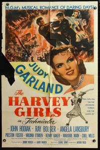 4y338 HARVEY GIRLS 1sh '45 art of men fighting for Judy Garland, musical romance of daring days!