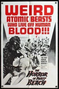 4y363 HORROR OF PARTY BEACH 1sh '64 wacky atomic beast lives off human blood, the Del-Aires!