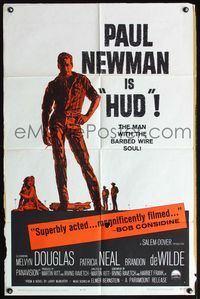4y383 HUD 1sh '63 Paul Newman is the man with the barbed wire soul, Martin Ritt classic!