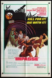 4y399 IMPASSE 1sh '69 cool action art of Burt Reynolds kicking thug in the face, Anne Francis!