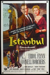 4y425 ISTANBUL 1sh '57 Errol Flynn & Cornell Borchers in Turkey's city of a thousand secrets!