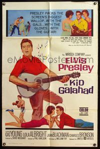 4y454 KID GALAHAD 1sh '62 art of Elvis Presley singing with guitar, boxing, and romancing!