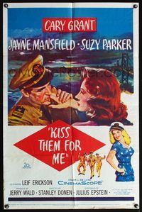 4y474 KISS THEM FOR ME 1sh '57 romantic art of Cary Grant & Suzy Parker, plus sexy Jayne Mansfield!